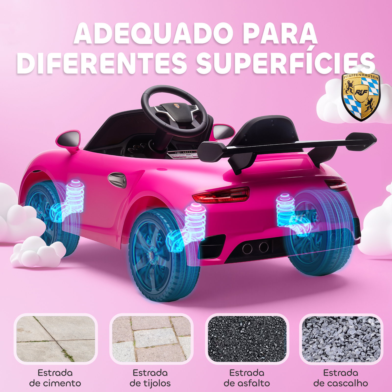 Carro elétrico para crianças de polícia 12v com motor duplo sirene música sem fios buzina rodas auxiliares e faróis LED 105x58x49 cm rosa