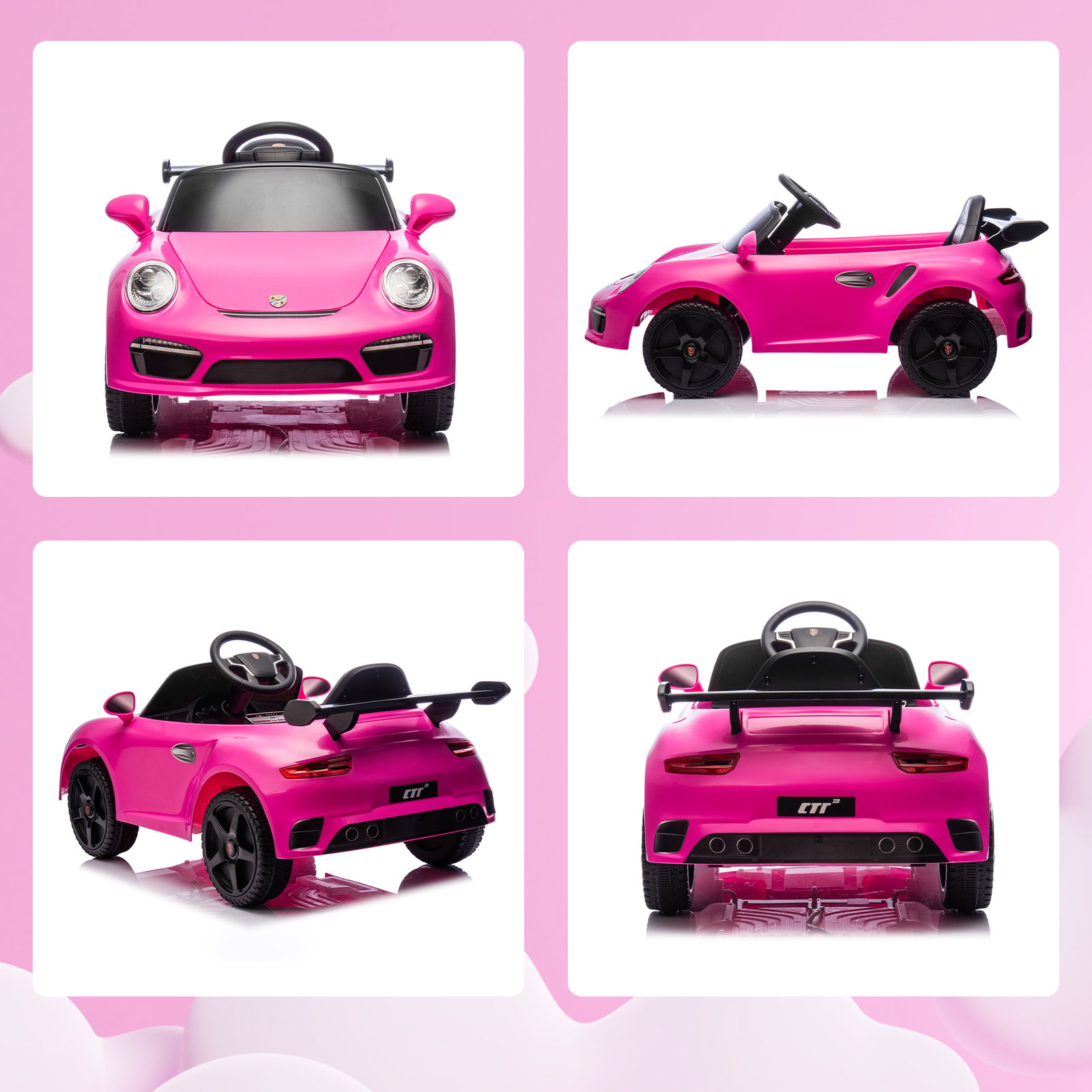 Carro elétrico para crianças de polícia 12v com motor duplo sirene música sem fios buzina rodas auxiliares e faróis LED 105x58x49 cm rosa
