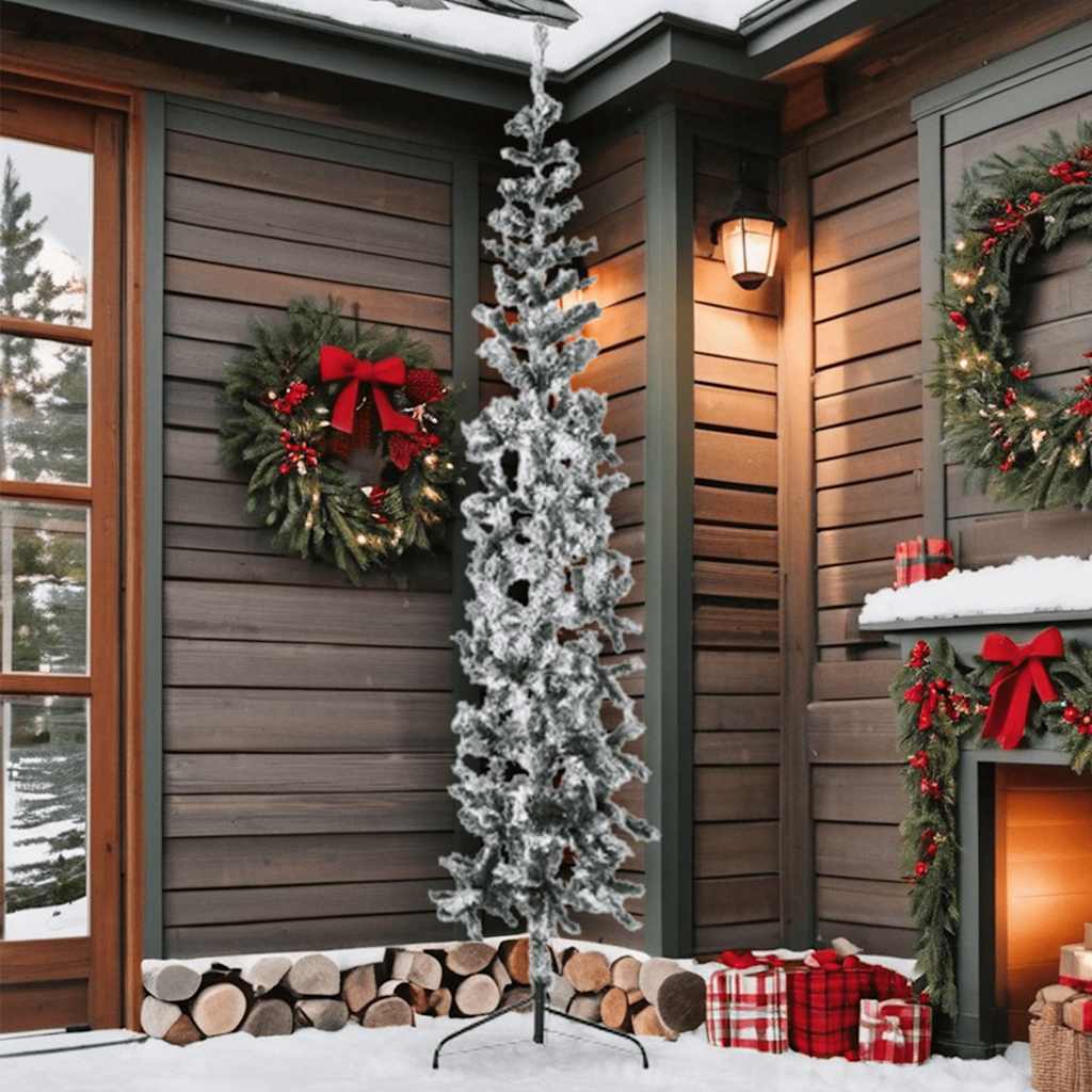 Meia árvore de natal fina com flocos de neve 210 cm