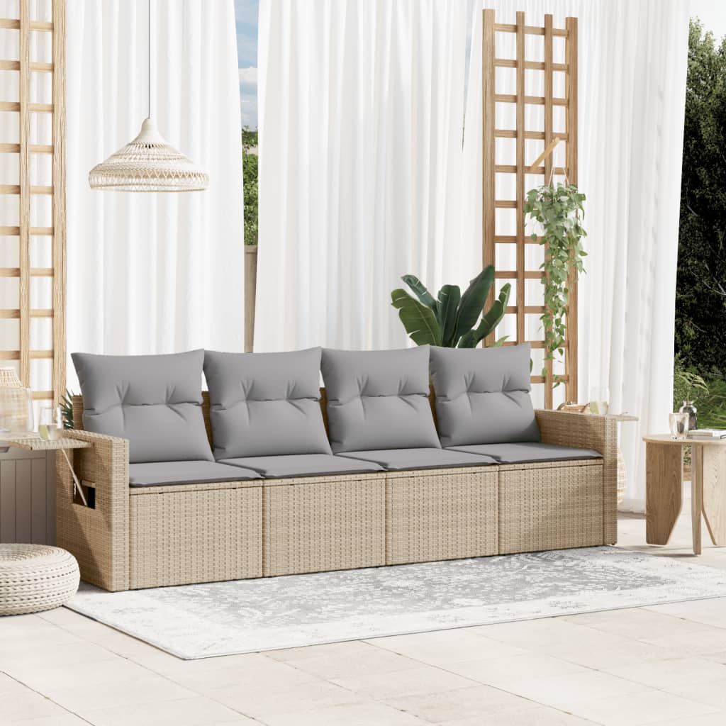 4 Pcs conjunto de sofás para jardim c/ almofadões vime PE bege