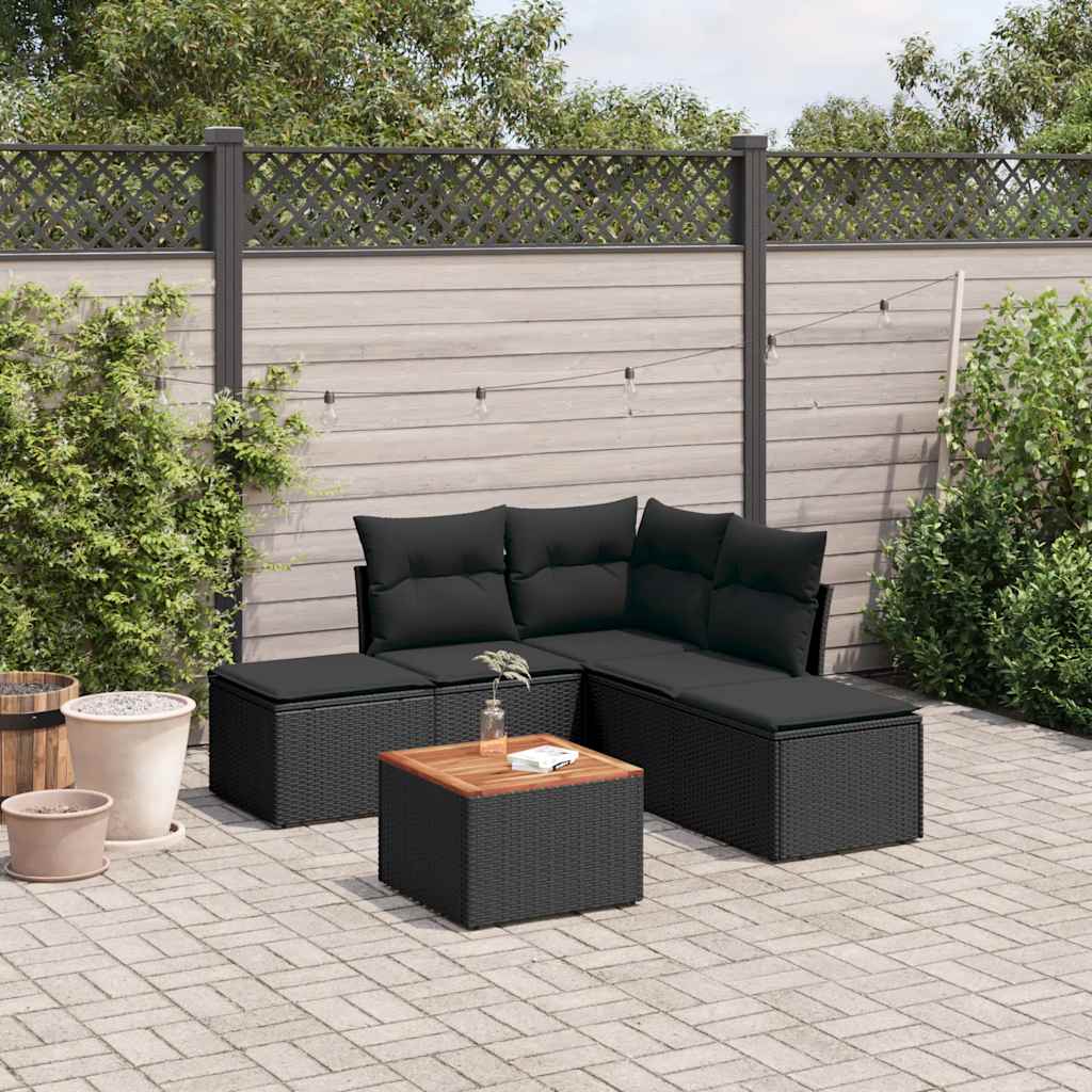 6 Pcs conjunto sofás de jardim c/ almofadões vime PE preto
