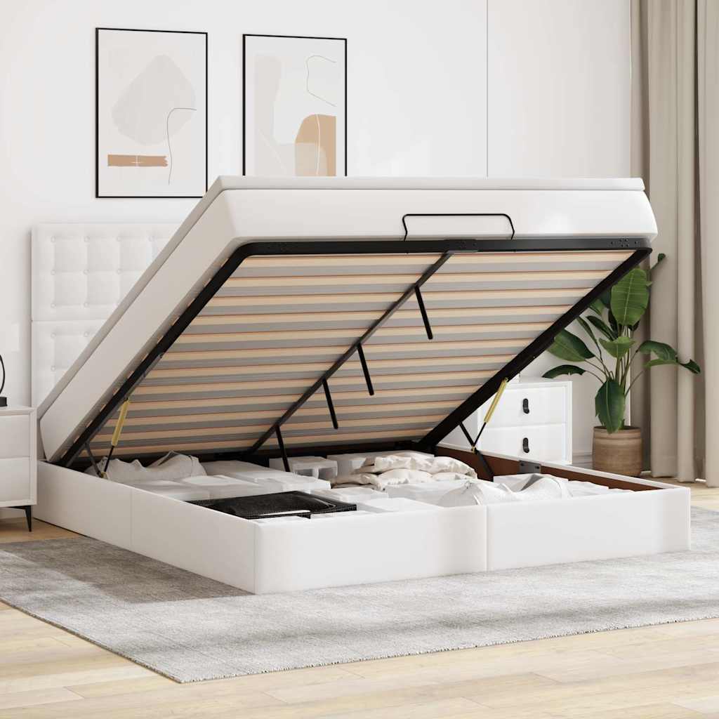 Estrutura de cama otomana com colchão branco couro falso