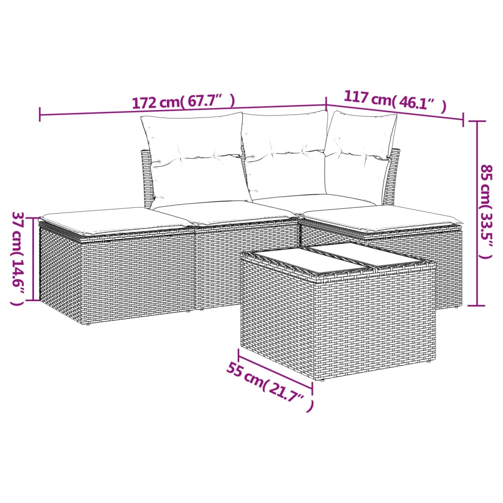 5 Pcs conjunto sofás de jardim c/ almofadões vime PE cinzento