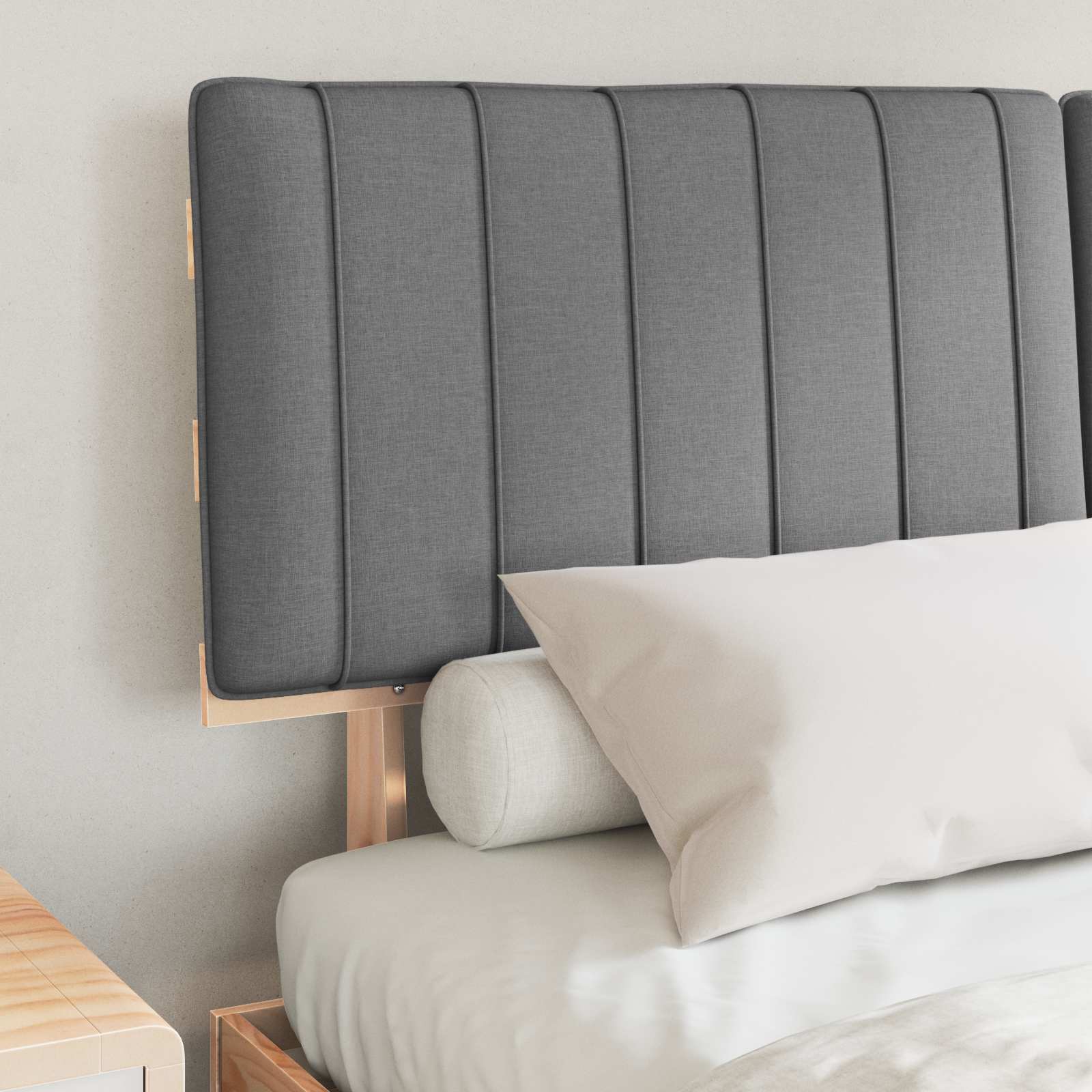 Estrutura de cama com cabeceira estofada cinzento-claro