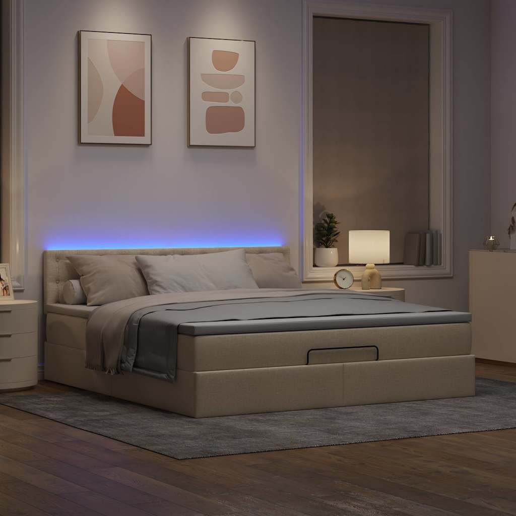 Cama otomana com colchão & leds 180x200cm tecido creme