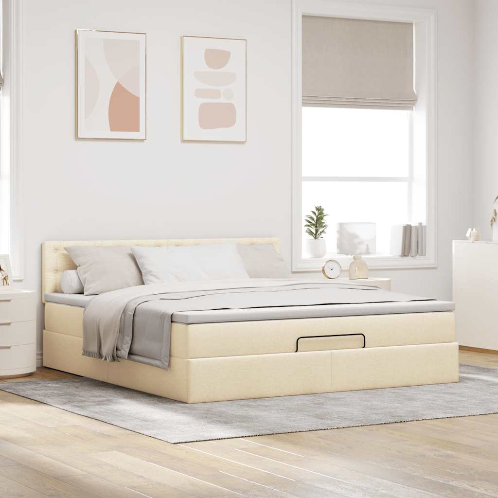 Cama otomana com colchão & leds 180x200cm tecido creme