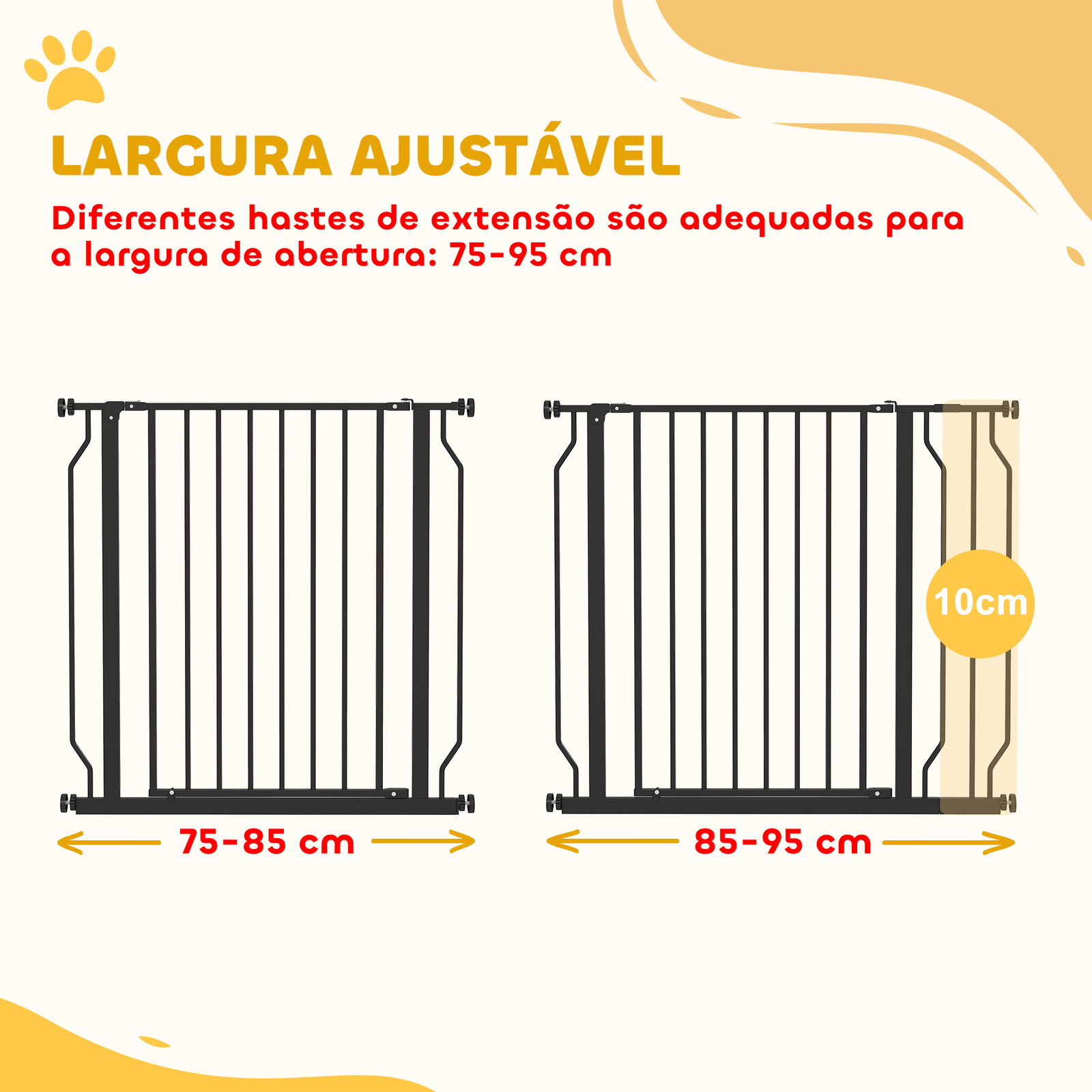 Barreira de segurança para cães extensível para escadas e portas 75-95 cm com 1 extensão e 10 cm altura 76 cm preto