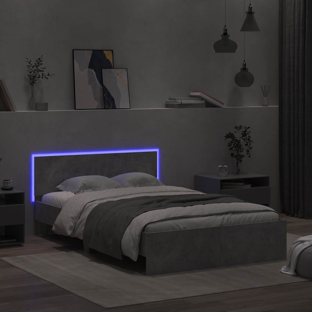 Estrutura cama cabeceira e luzes LED 120x200cm cinzento cimento