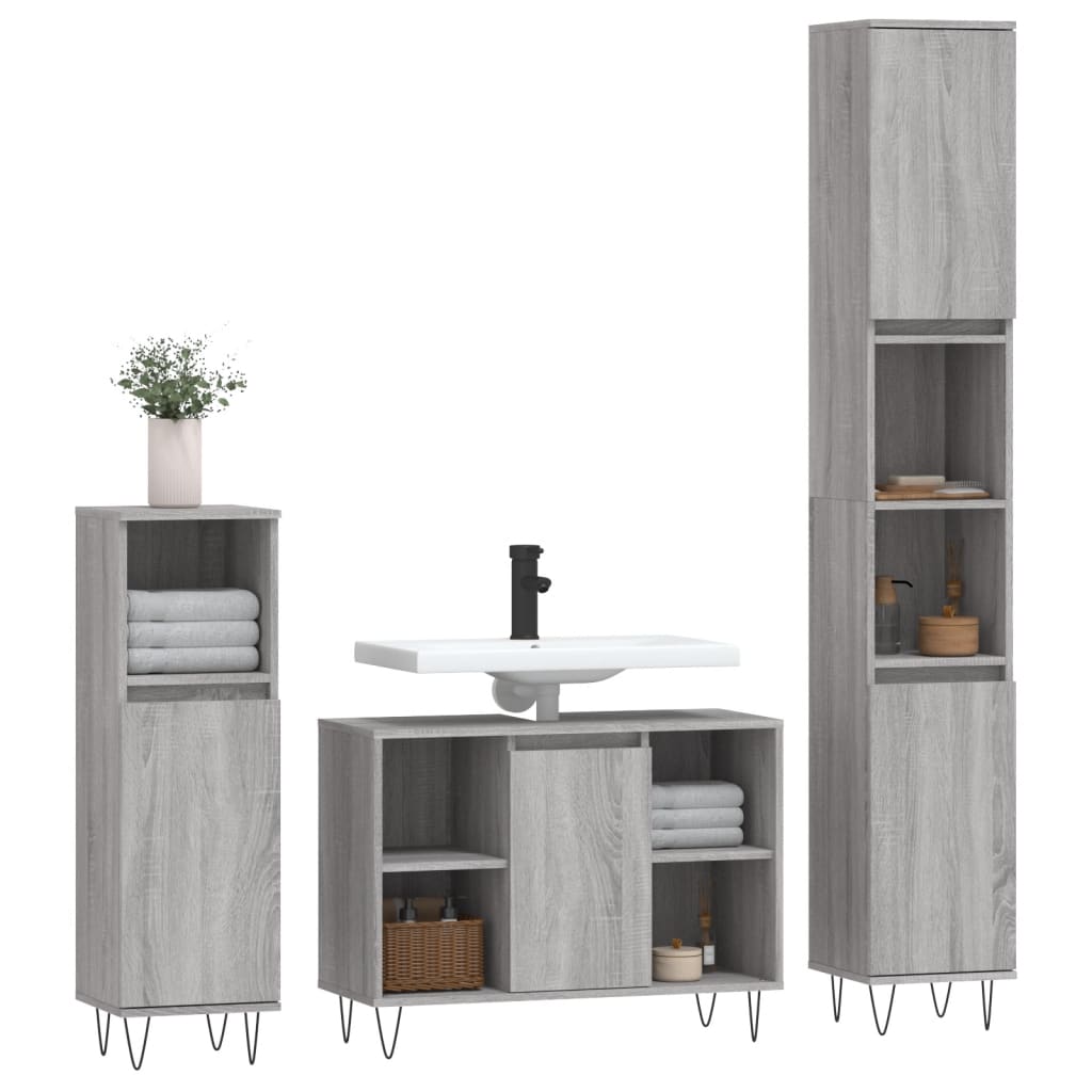 3 Pcs conjunto móveis casa de banho madeira proc. cinza sonoma