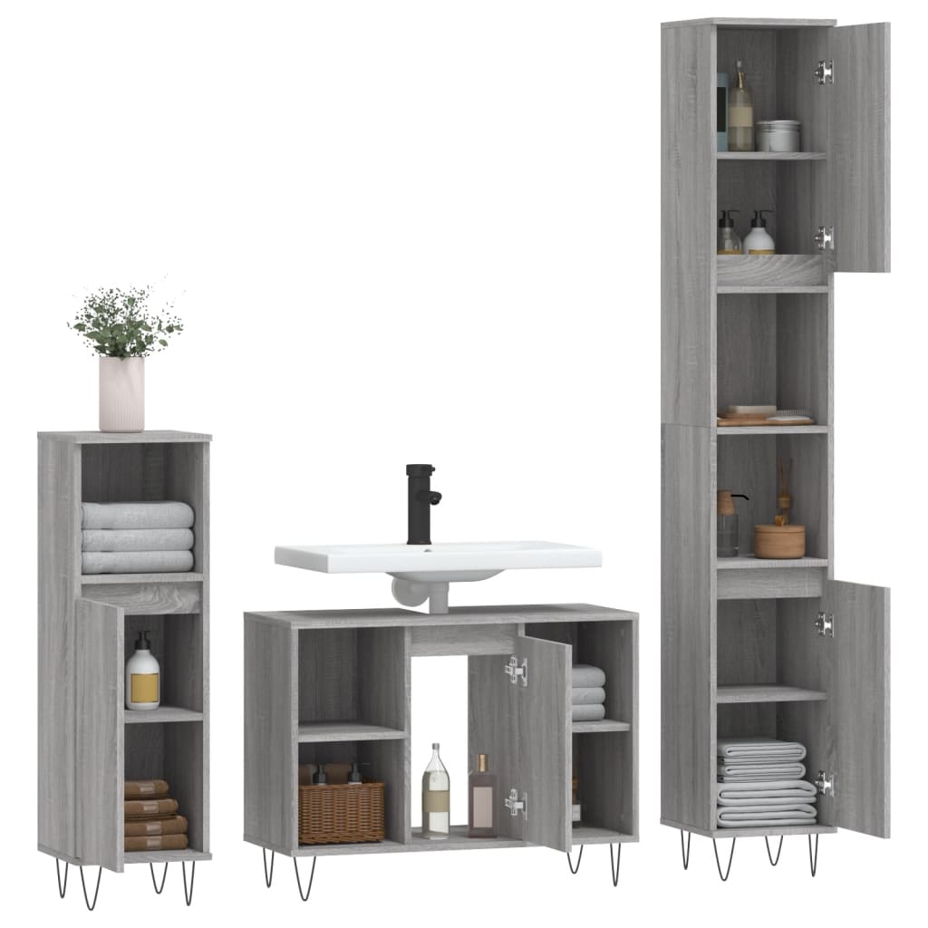 3 Pcs conjunto móveis casa de banho madeira proc. cinza sonoma