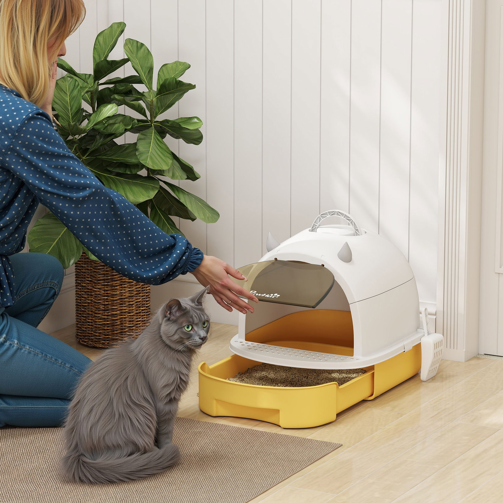 Caixa de areia para gatos fechada com tampa e bandeja amovíveis filtro de carvão e pá 40,5x52x39 cm branco e amarelo