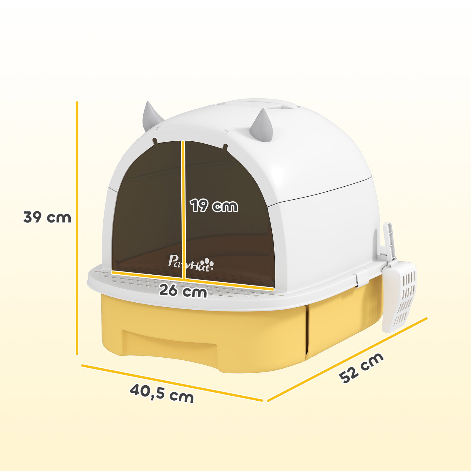Caixa de areia para gatos fechada com tampa e bandeja amovíveis filtro de carvão e pá 40,5x52x39 cm branco e amarelo