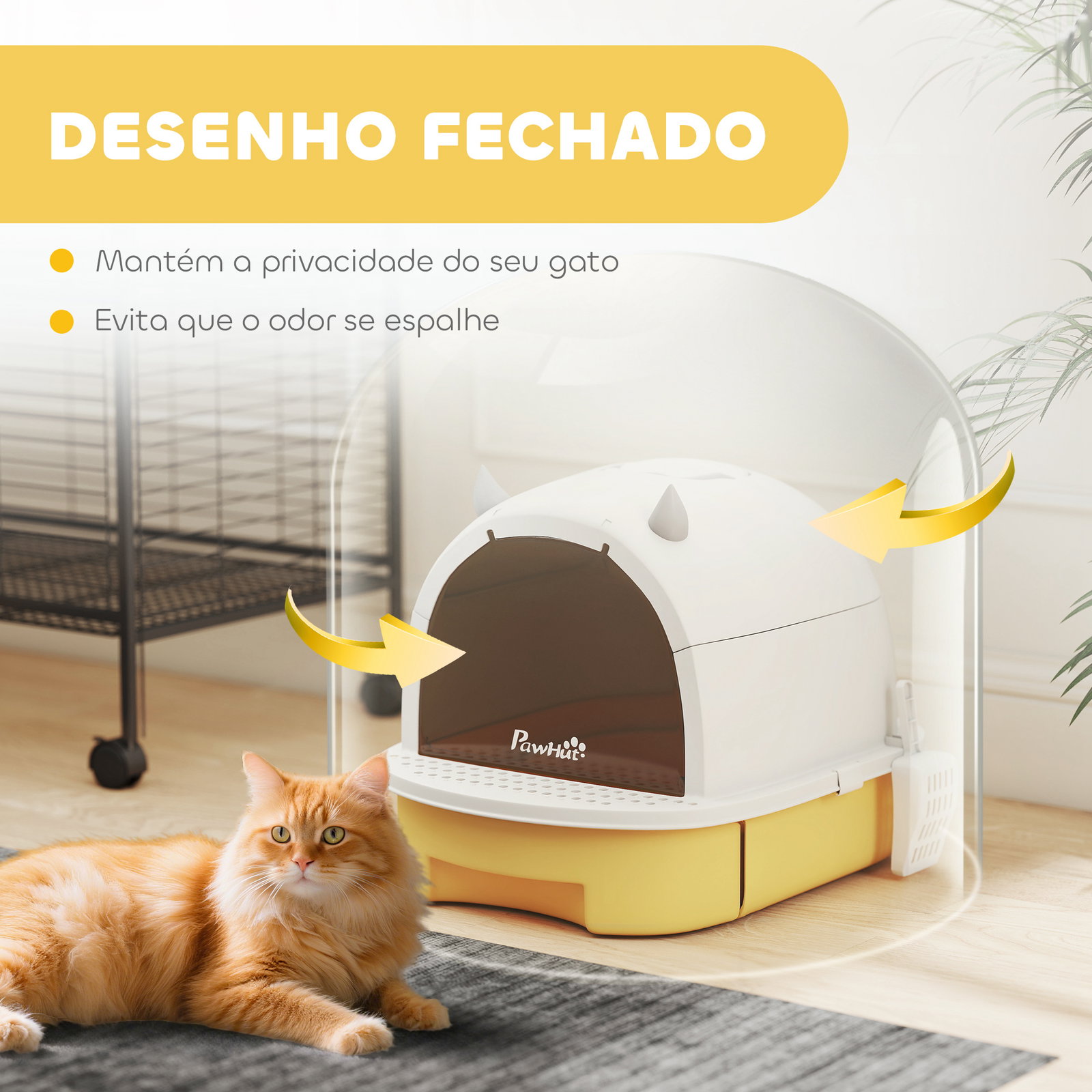 Caixa de areia para gatos fechada com tampa e bandeja amovíveis filtro de carvão e pá 40,5x52x39 cm branco e amarelo