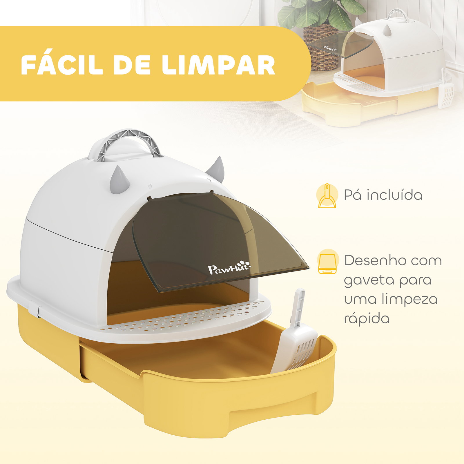 Caixa de areia para gatos fechada com tampa e bandeja amovíveis filtro de carvão e pá 40,5x52x39 cm branco e amarelo