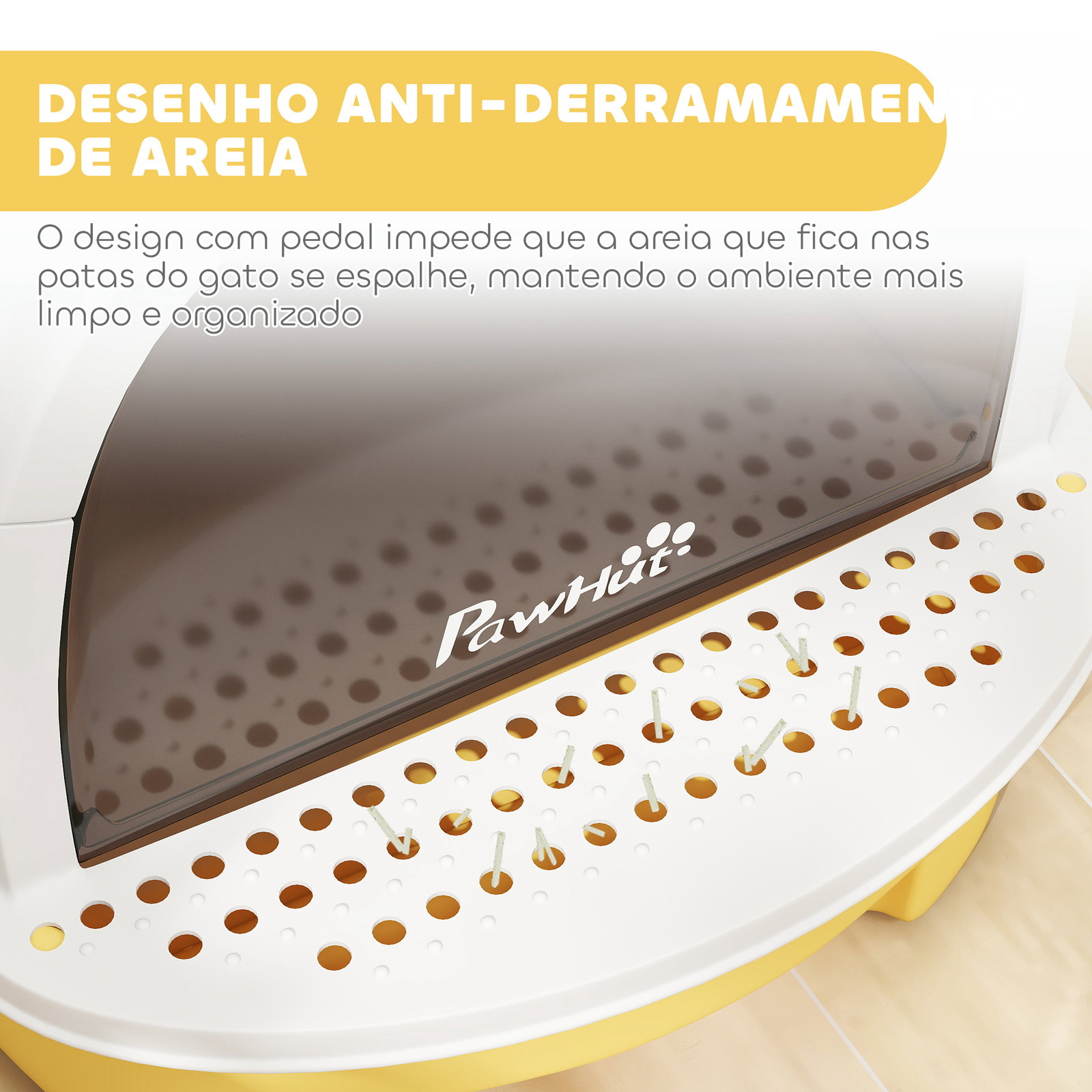 Caixa de areia para gatos fechada com tampa e bandeja amovíveis filtro de carvão e pá 40,5x52x39 cm branco e amarelo