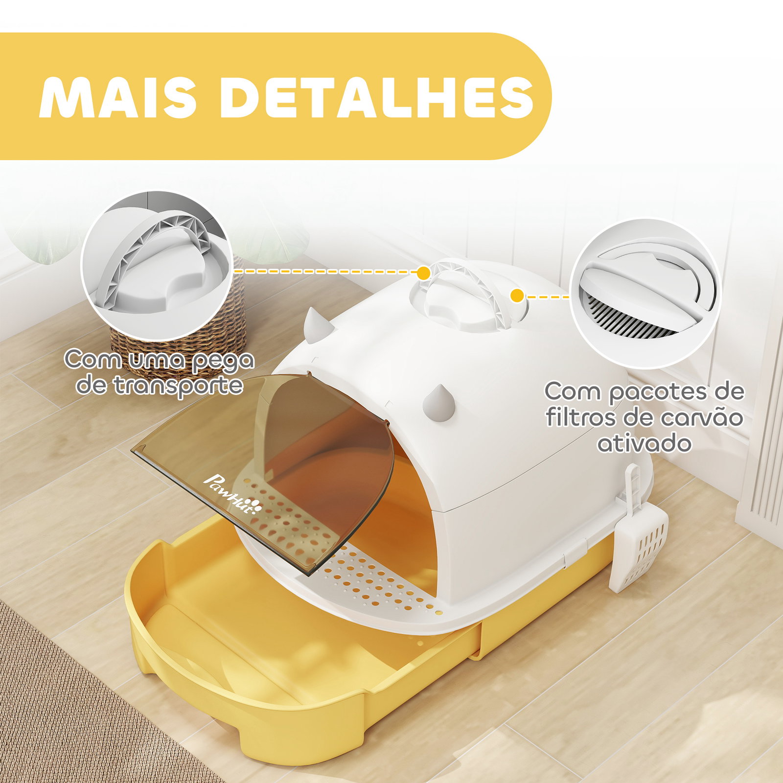 Caixa de areia para gatos fechada com tampa e bandeja amovíveis filtro de carvão e pá 40,5x52x39 cm branco e amarelo