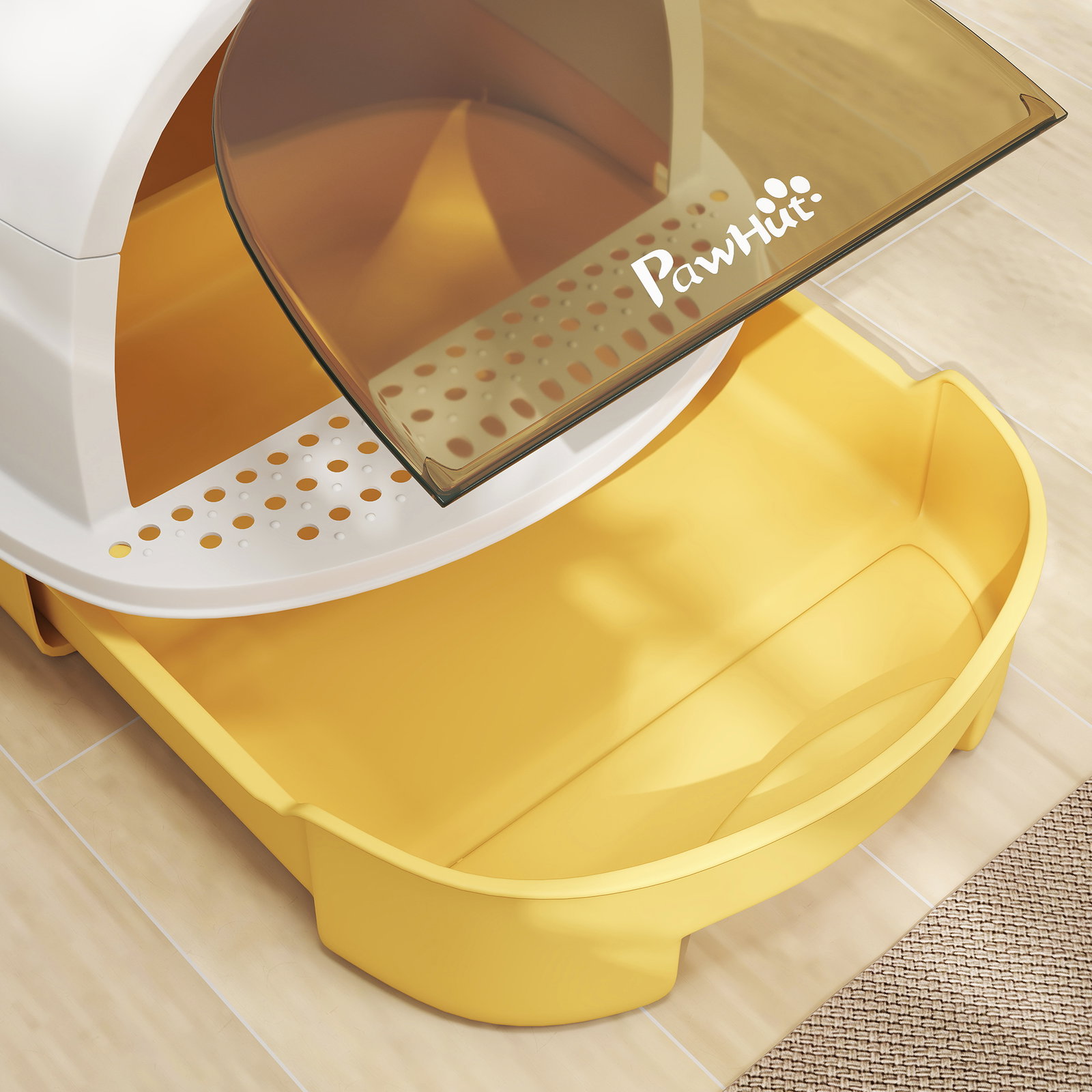 Caixa de areia para gatos fechada com tampa e bandeja amovíveis filtro de carvão e pá 40,5x52x39 cm branco e amarelo