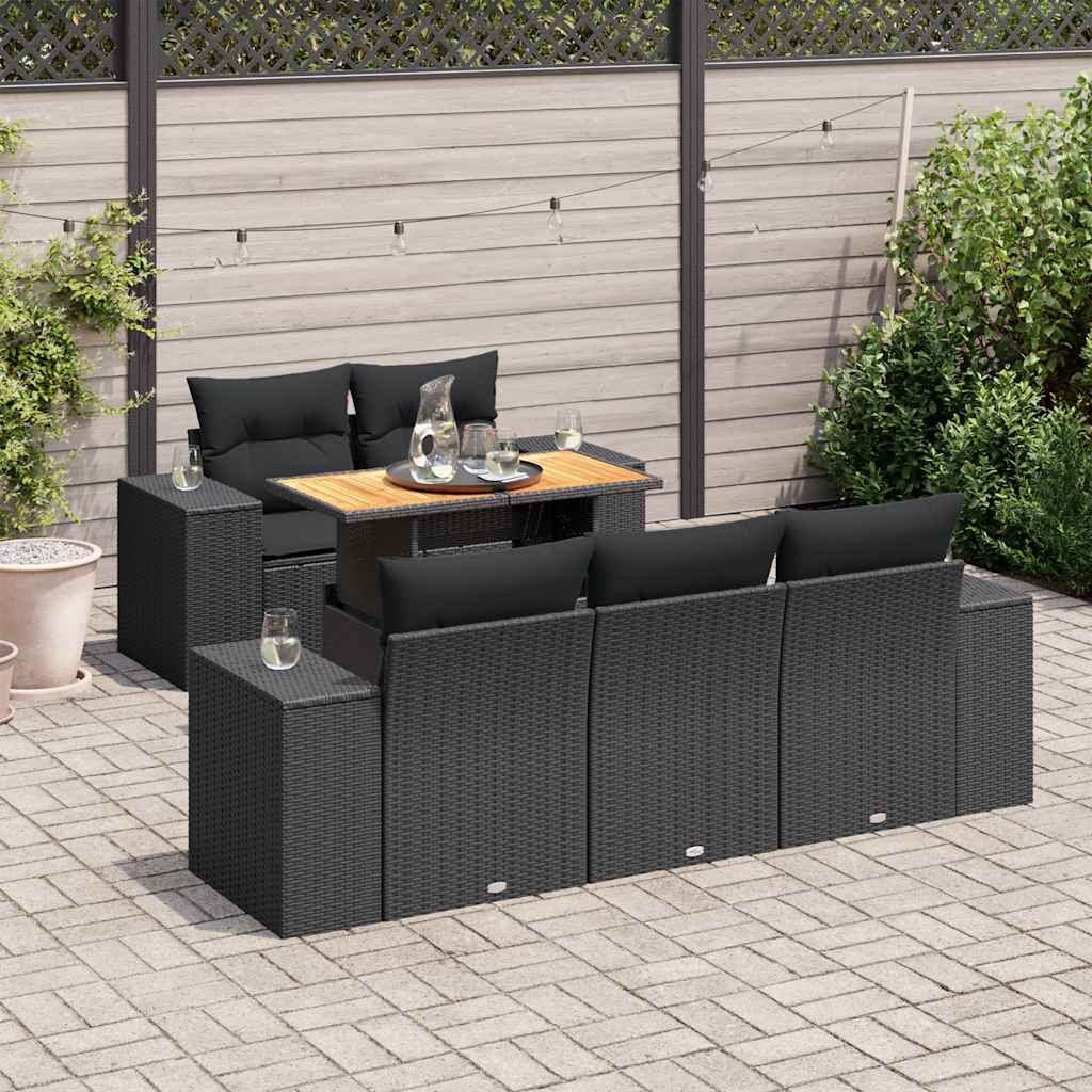 6 Pcs conjunto sofás de jardim c/ almofadões vime PE preto