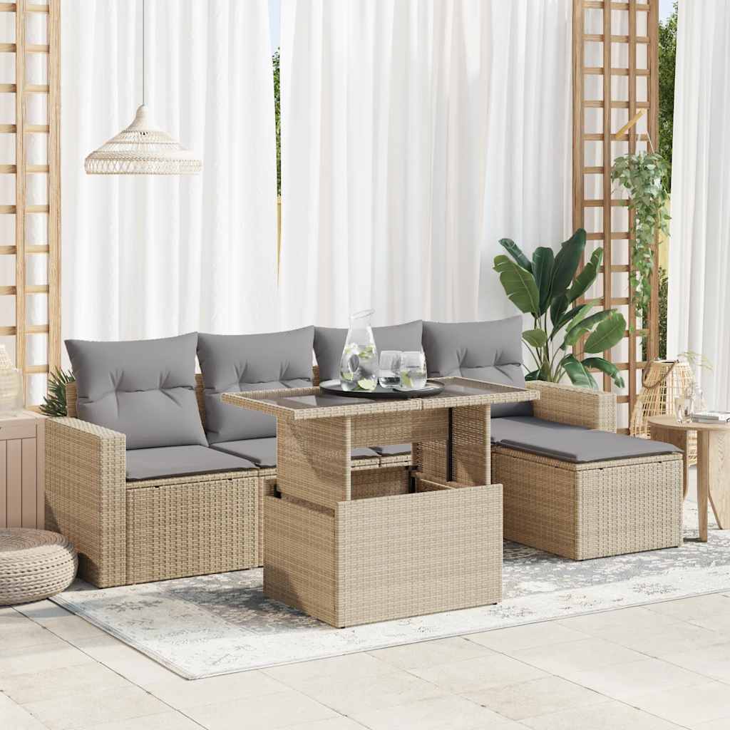 6 Pcs conjunto de sofás p/ jardim com almofadões vime PE bege