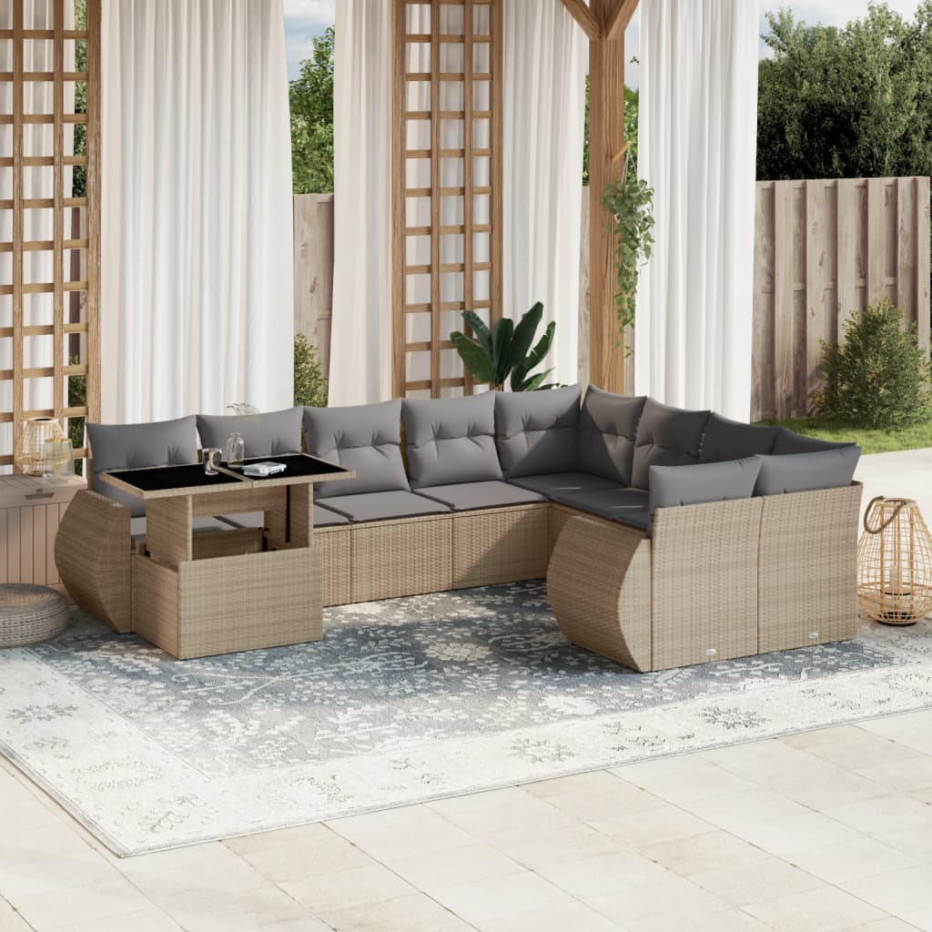 10 Pcs conjunto de sofás p/ jardim com almofadões vime PE bege