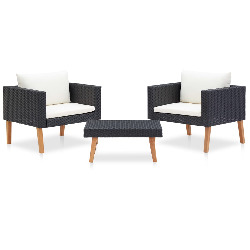 3 Pcs conjunto lounge para jardim c/ almofadões vime PE preto