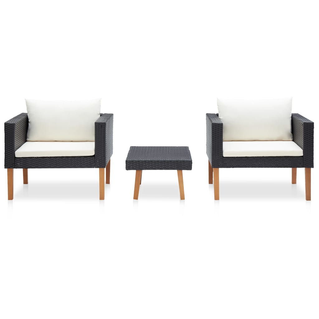 3 Pcs conjunto lounge para jardim c/ almofadões vime PE preto