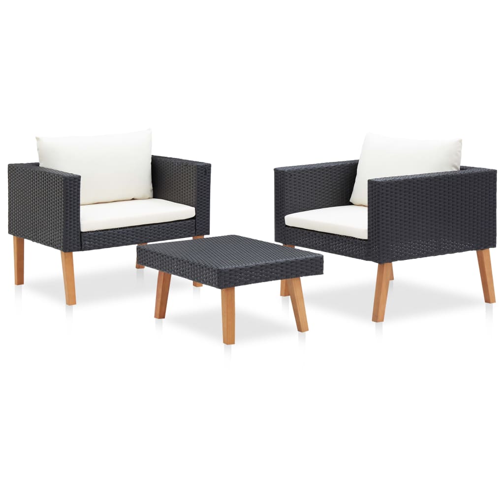 3 Pcs conjunto lounge para jardim c/ almofadões vime PE preto