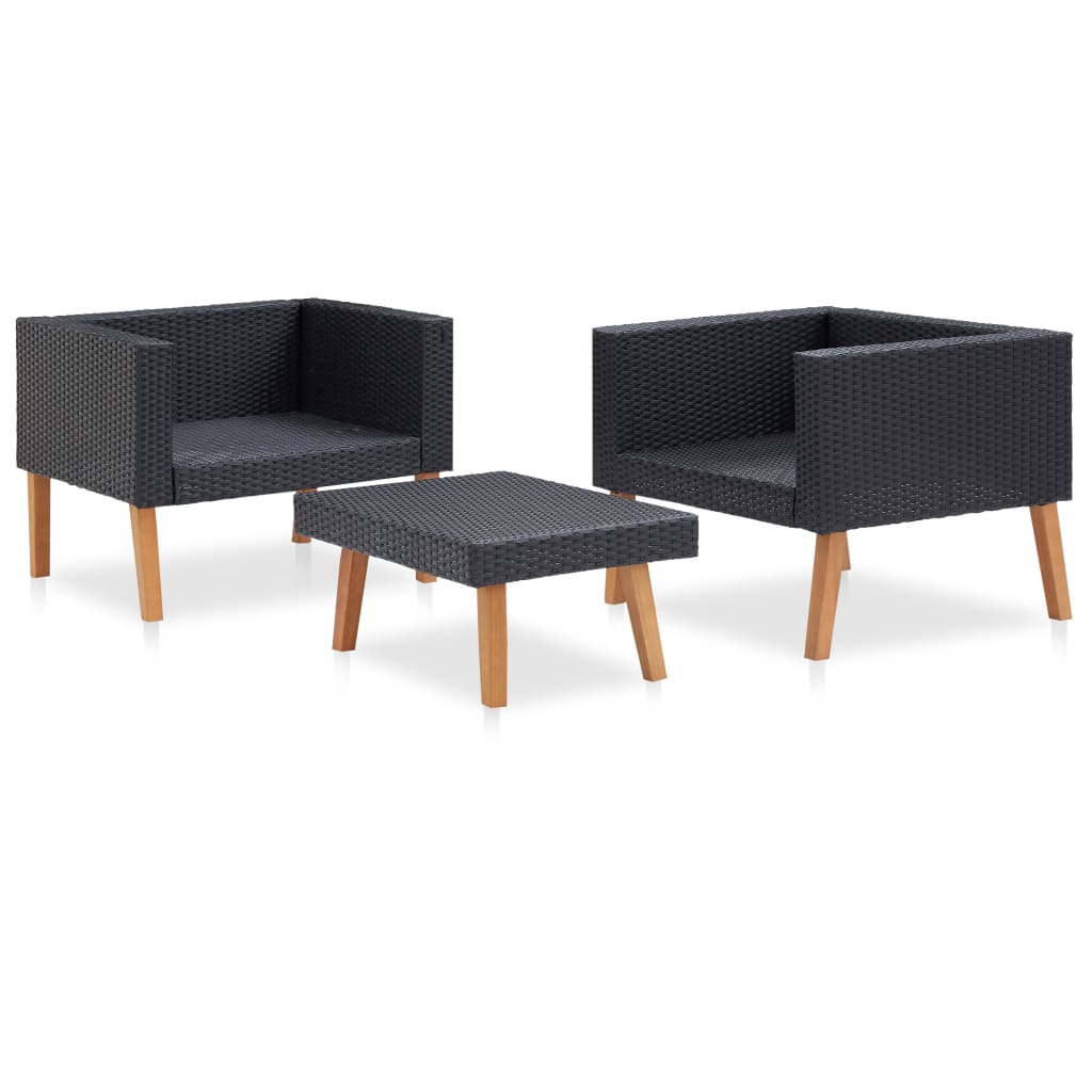 3 Pcs conjunto lounge para jardim c/ almofadões vime PE preto