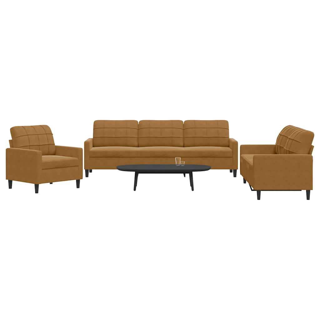 3 Pcs conjunto de sofás com almofadões veludo castanho