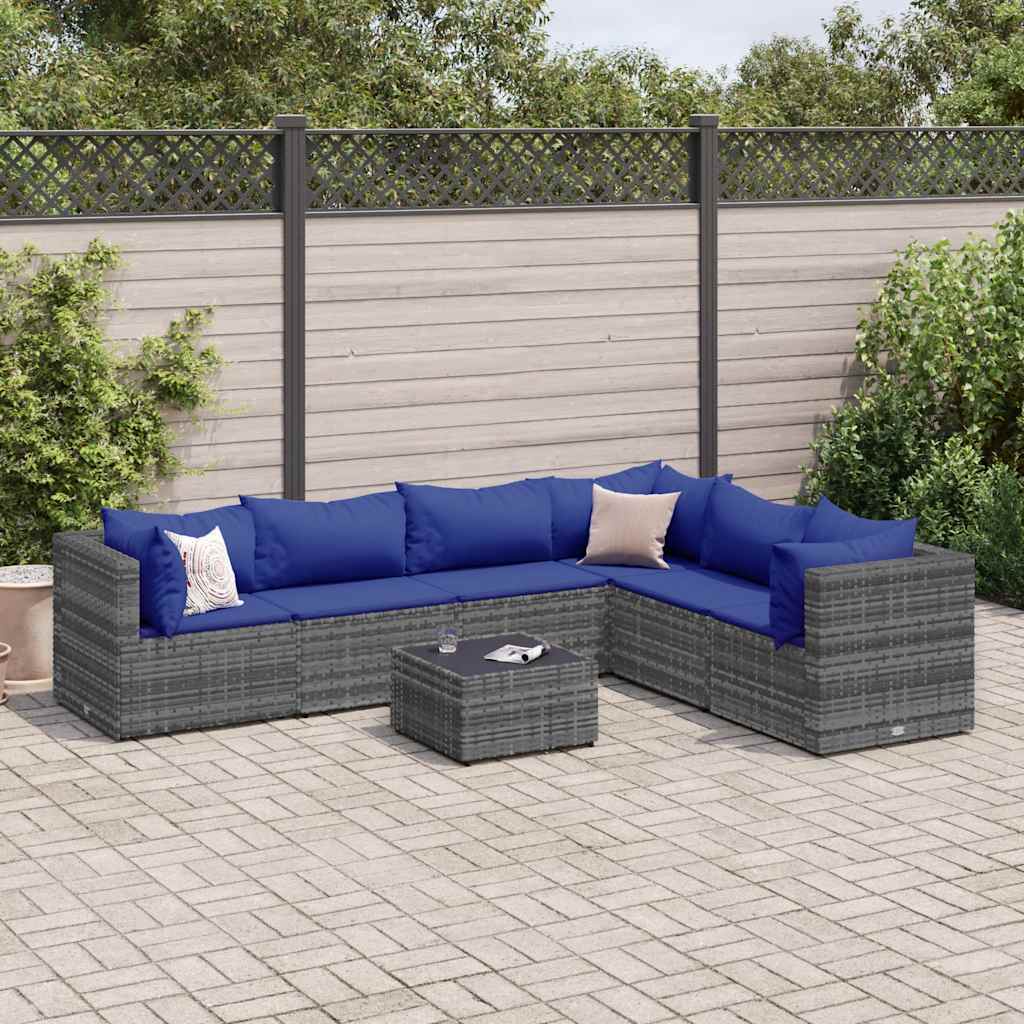 7 Pcs conjunto lounge de jardim c/ almofadões vime PE cinzento