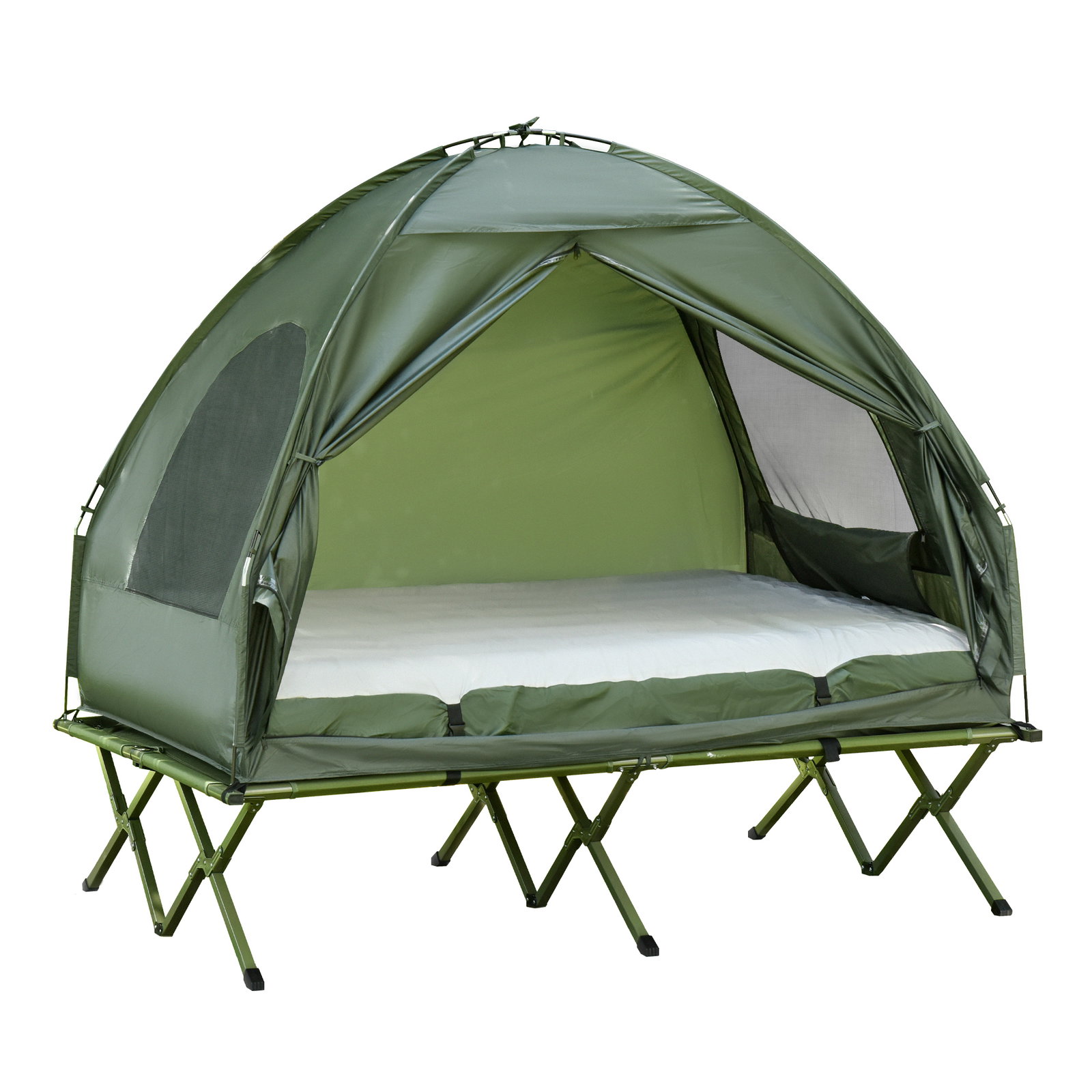 Cama Dupla de Camping Dobrável com Tenda 4 em 1 Cama de Campismo Elevada com Colchão Insuflável e Saco de Transporte em Tecido O