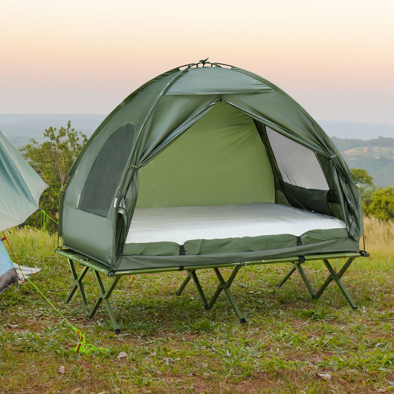 Cama Dupla de Camping Dobrável com Tenda 4 em 1 Cama de Campismo Elevada com Colchão Insuflável e Saco de Transporte em Tecido O