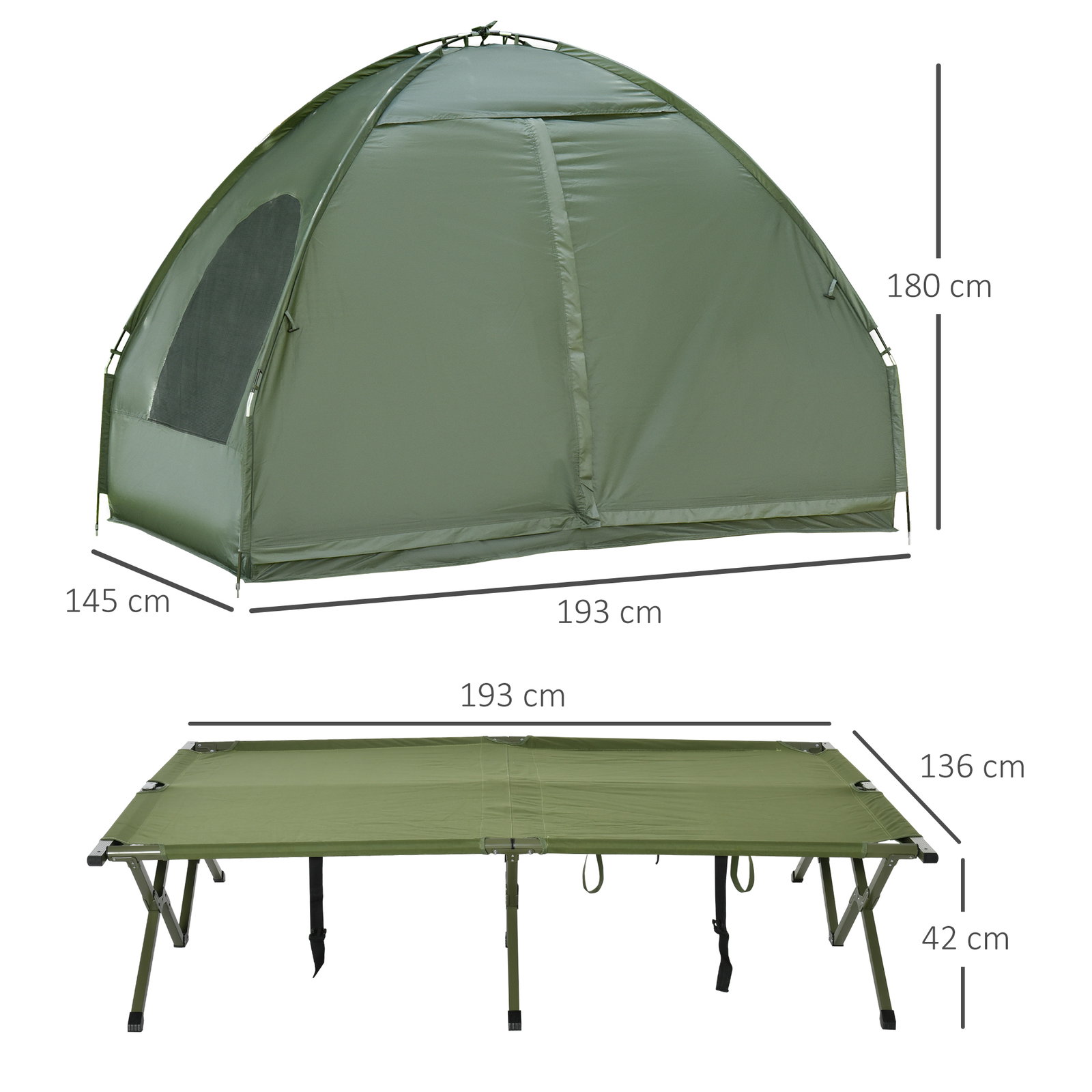 Cama Dupla de Camping Dobrável com Tenda 4 em 1 Cama de Campismo Elevada com Colchão Insuflável e Saco de Transporte em Tecido O