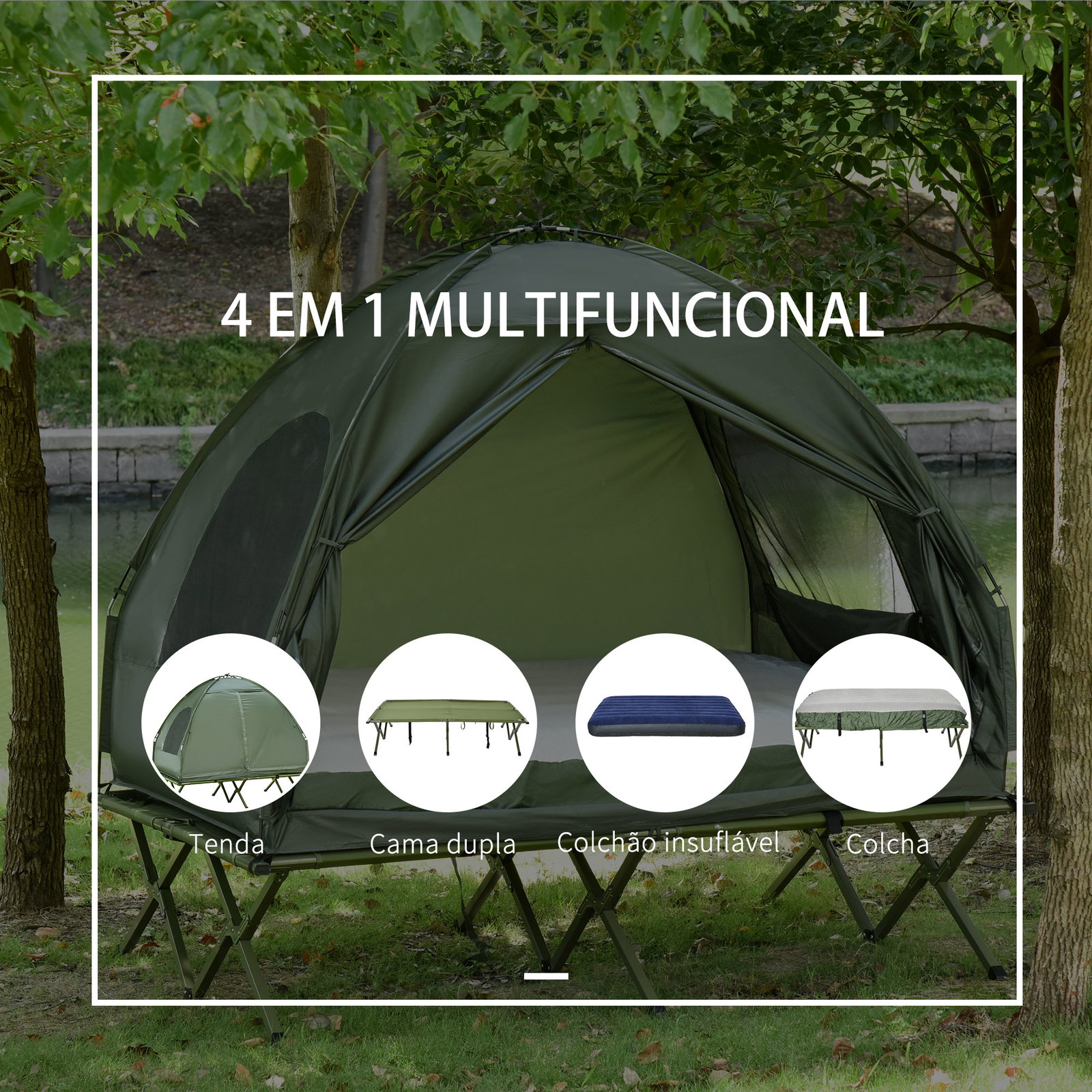 Cama Dupla de Camping Dobrável com Tenda 4 em 1 Cama de Campismo Elevada com Colchão Insuflável e Saco de Transporte em Tecido O
