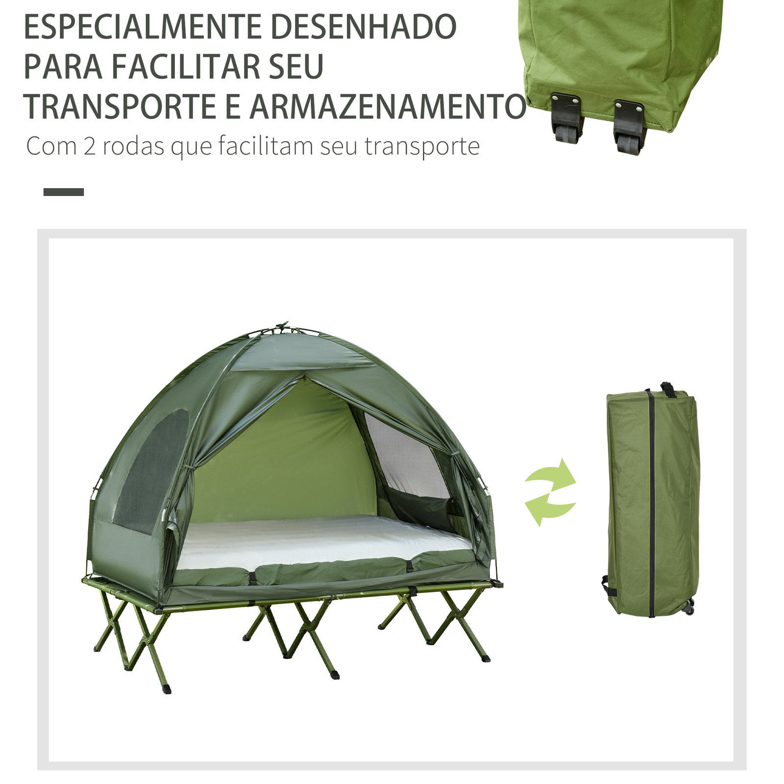 Cama Dupla de Camping Dobrável com Tenda 4 em 1 Cama de Campismo Elevada com Colchão Insuflável e Saco de Transporte em Tecido O