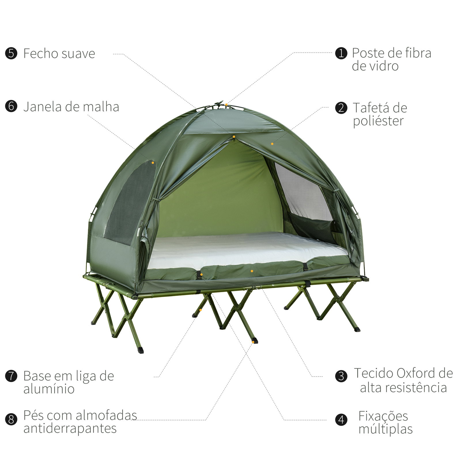 Cama Dupla de Camping Dobrável com Tenda 4 em 1 Cama de Campismo Elevada com Colchão Insuflável e Saco de Transporte em Tecido O
