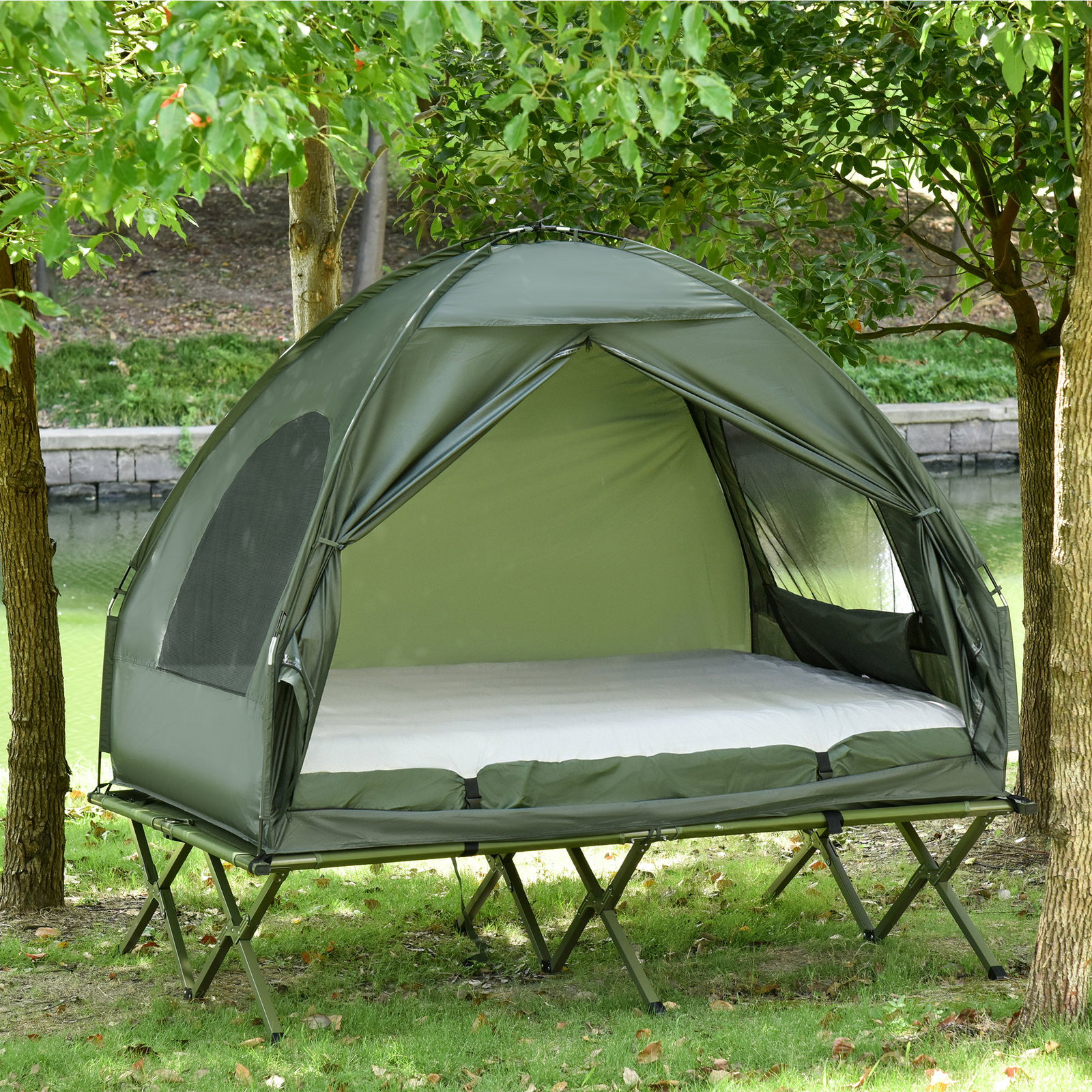 Cama Dupla de Camping Dobrável com Tenda 4 em 1 Cama de Campismo Elevada com Colchão Insuflável e Saco de Transporte em Tecido O