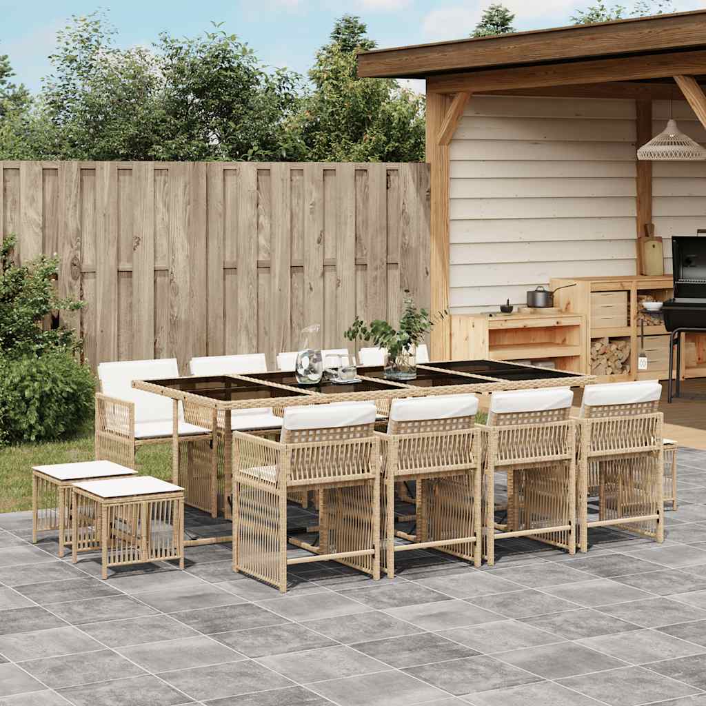 13 Pcs conjunto de jantar p/ jardim com almofadões vime PE bege