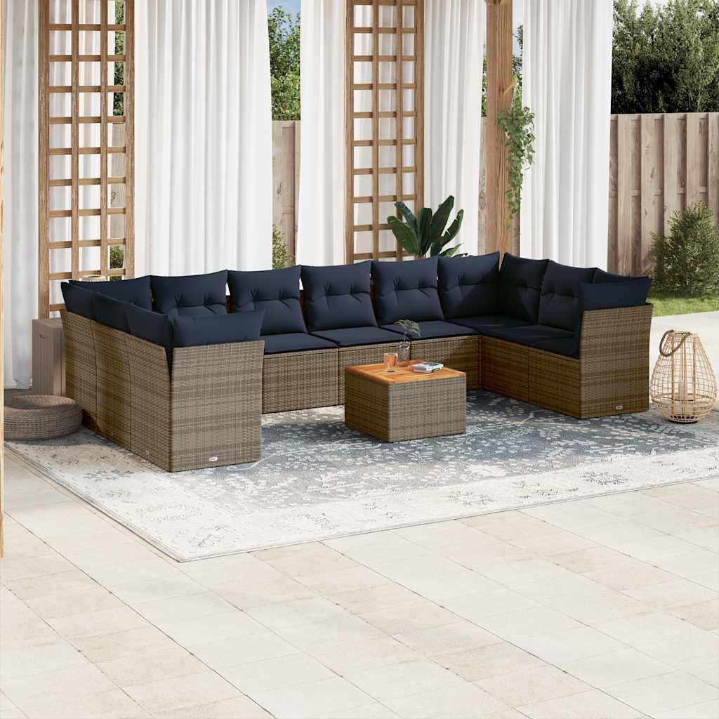 11 Pcs conjunto sofás de jardim c/ almofadões vime PE cinzento