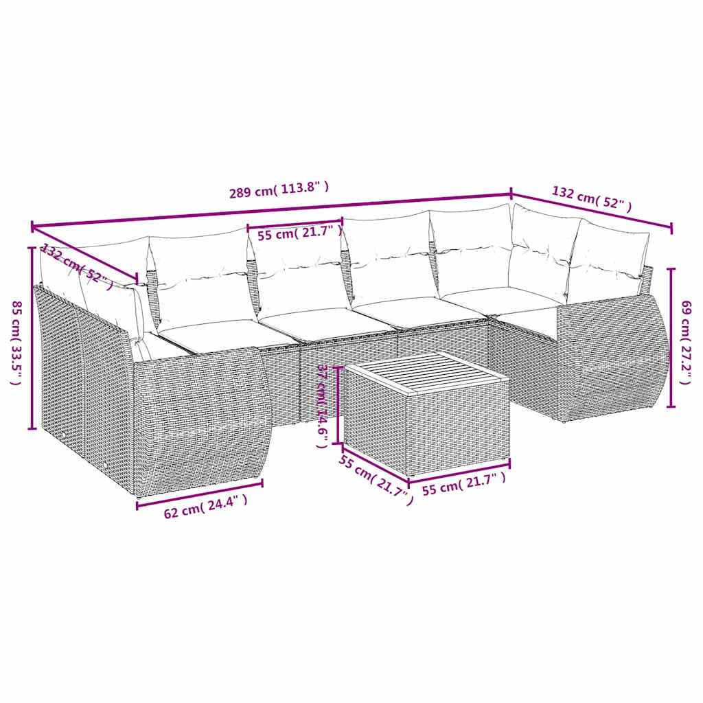 8 Pcs conjunto sofás de jardim com almofadões vime PE preto