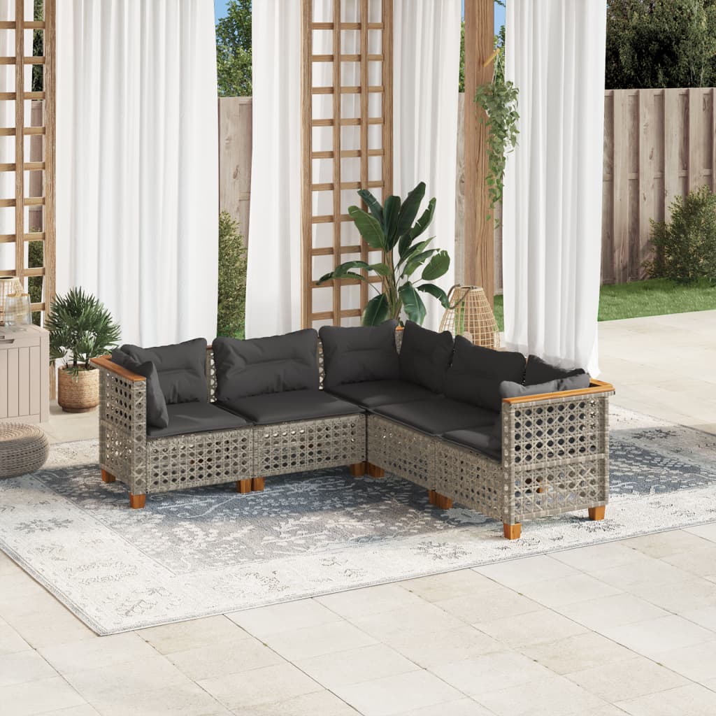 5 Pcs conjunto sofás de jardim c/ almofadões vime PE cinzento