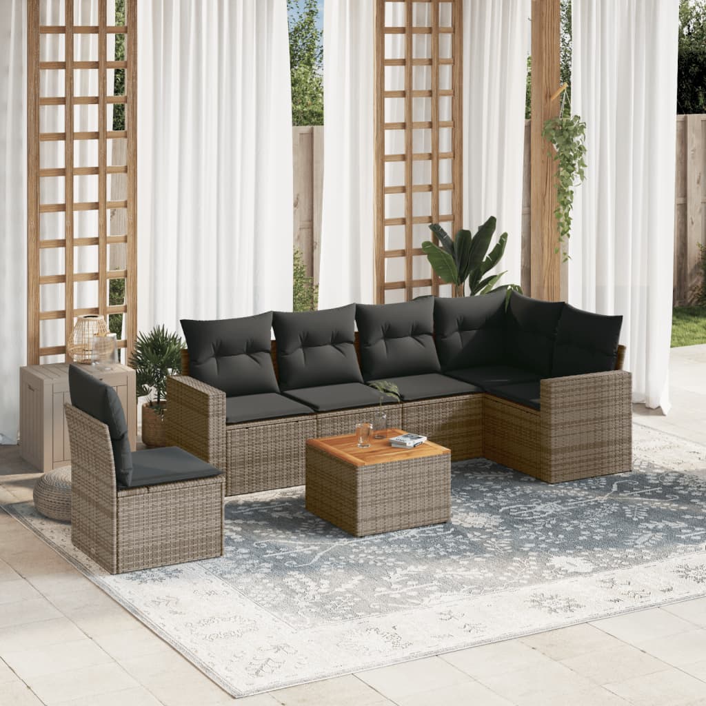 7 Pcs conjunto sofás p/ jardim c/ almofadões vime PE cinzento