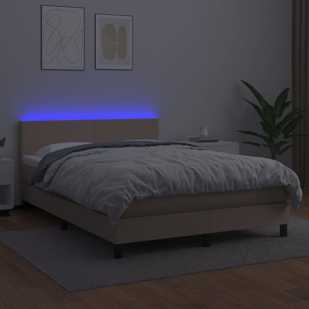 Cama box spring c/colchão/LED 140x200cm couro artif. cappuccino