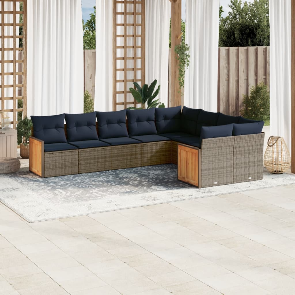 Conjunto de sofá de jardim de 9 peças com almofadas em rattan sintético cinza