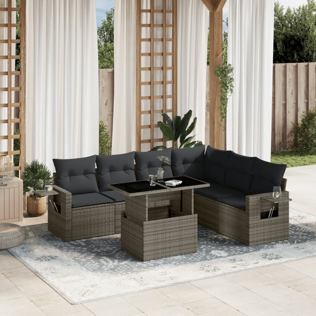7 Pcs conjunto sofás p/ jardim c/ almofadões vime PE cinzento