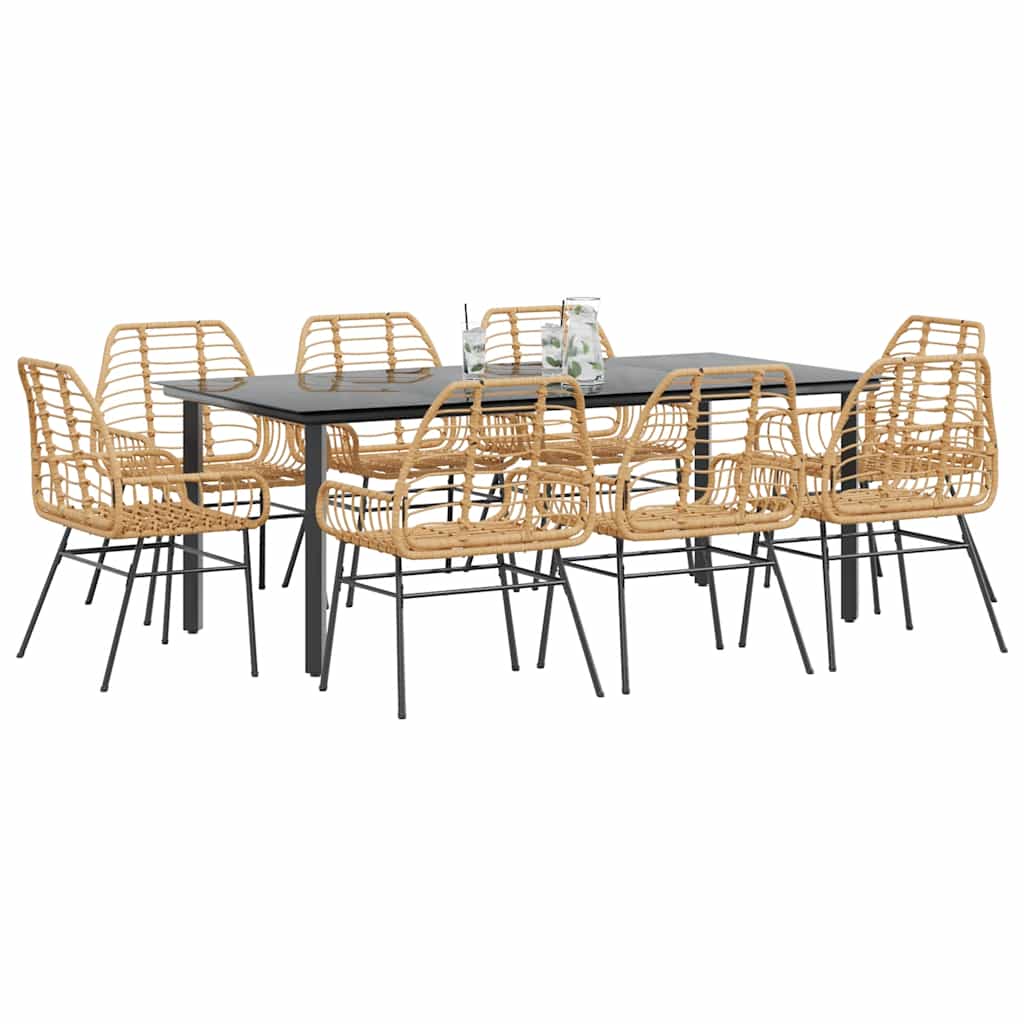Conjunto jantar jardim 9 peças vidro vime PE castanho