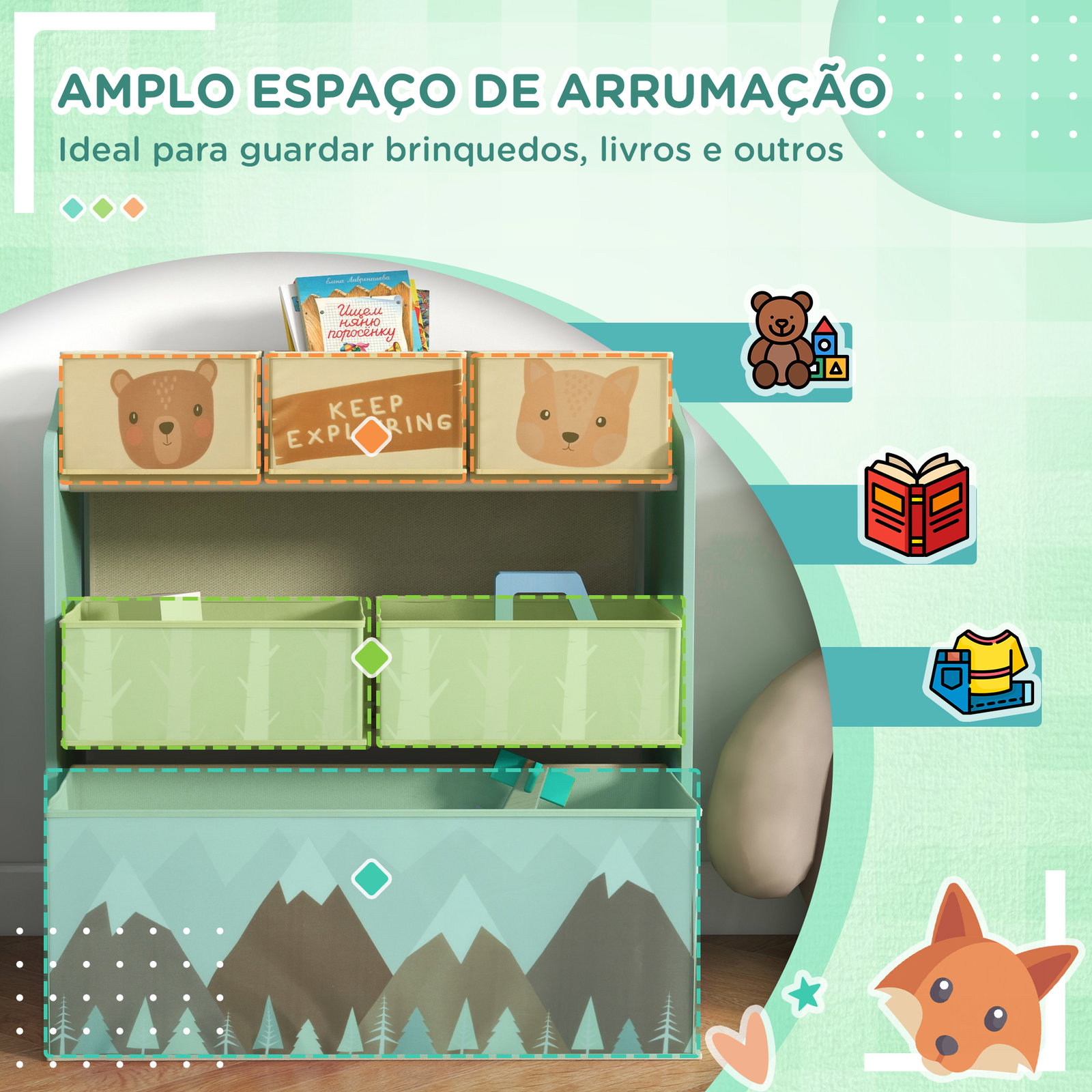 Estante para brinquedos com 6 caixas de tecido não tecido amovíveis organizador de brinquedos 63x30x66 cm verde
