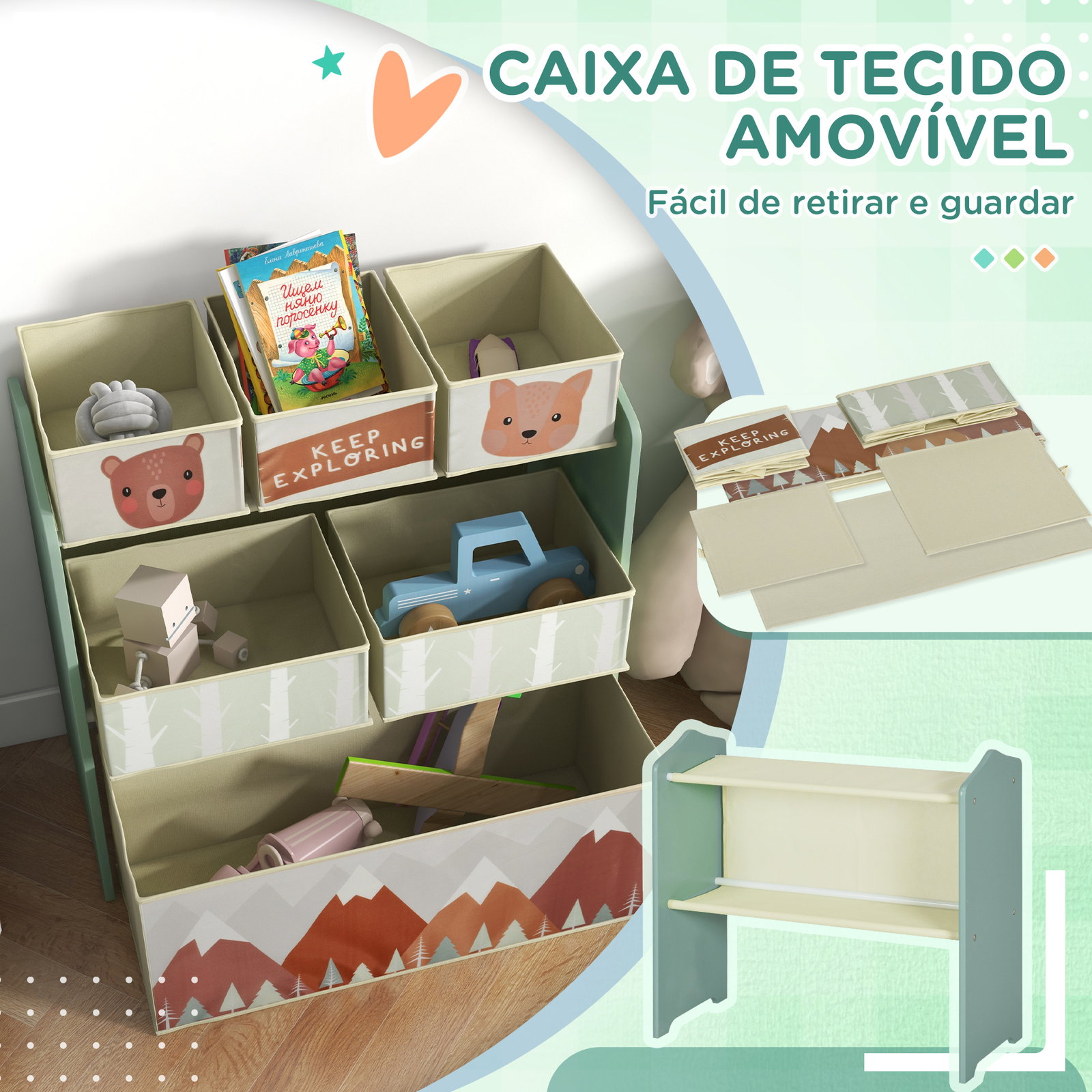 Estante para brinquedos com 6 caixas de tecido não tecido amovíveis organizador de brinquedos 63x30x66 cm verde