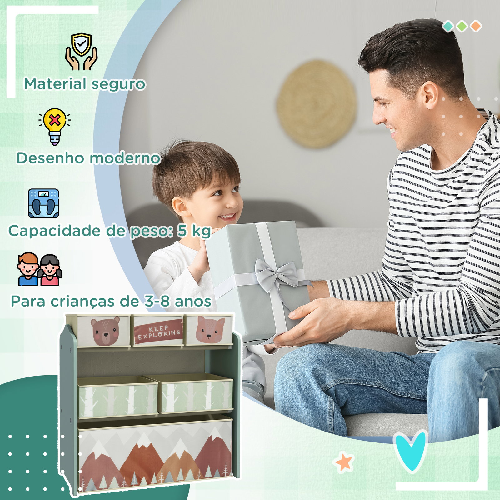 Estante para brinquedos com 6 caixas de tecido não tecido amovíveis organizador de brinquedos 63x30x66 cm verde