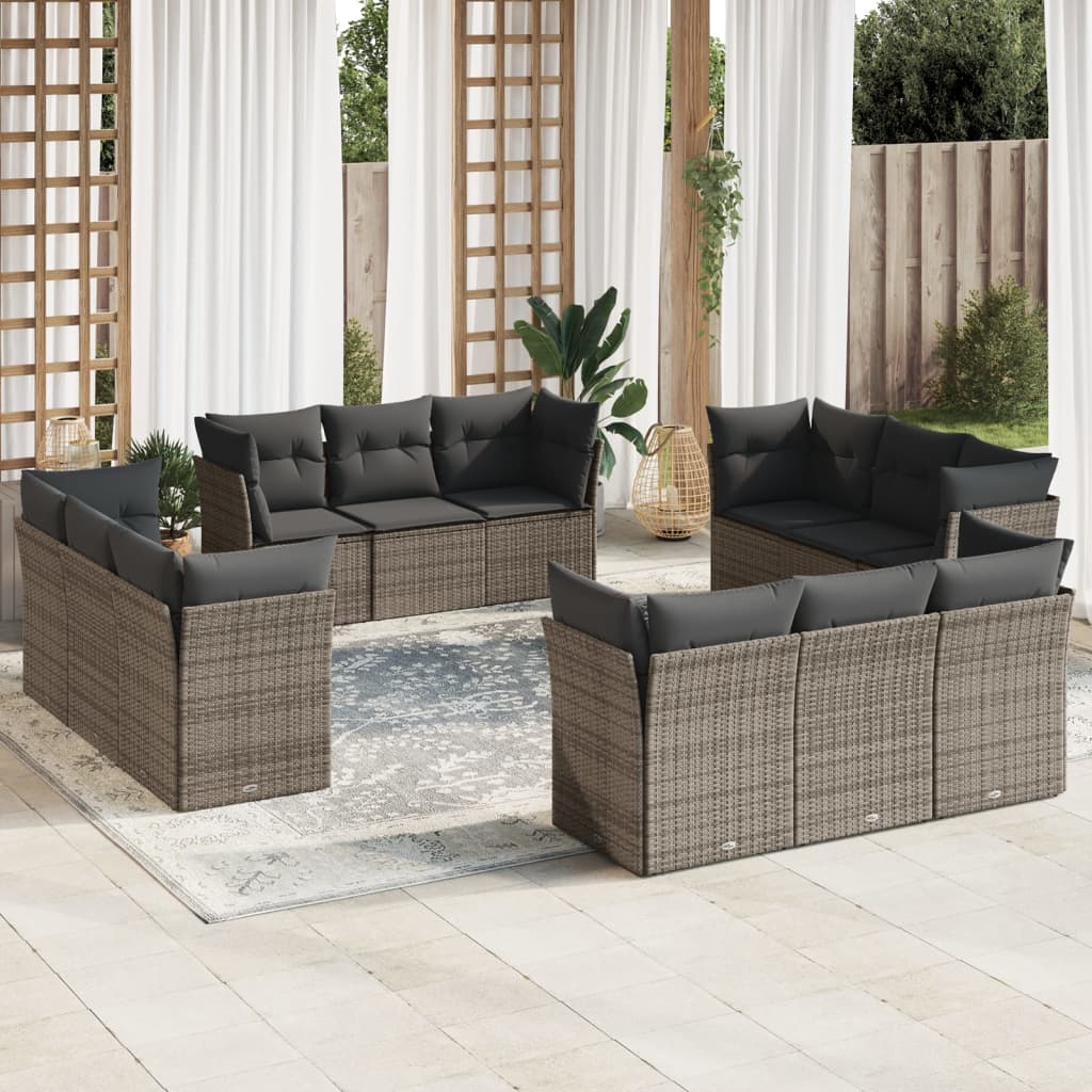 12 Pcs conjunto de sofás jardim c/ almofadões vime PE cinzento